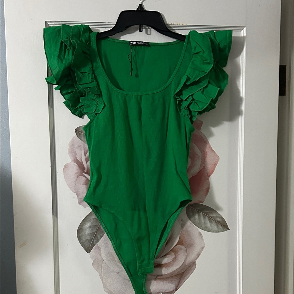 Zara Green Ruffle-Sleeve One-Piece Bodysuit